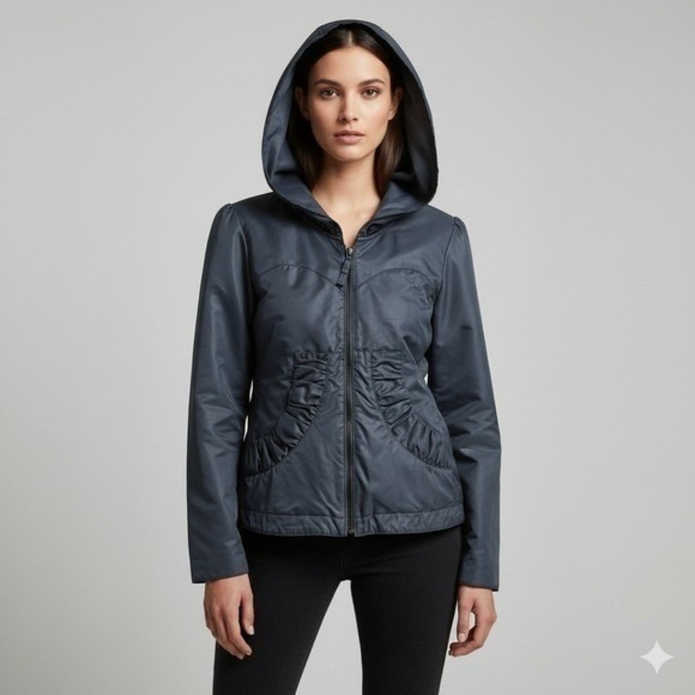 Prairie Underground Women's Blue Ruched Front ZipUp Hooded Jacket Outerwear Sz L
